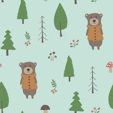 Cute bear Seamless pattern. Cartoon Animals in forest background. Vector illu Stock Illustration