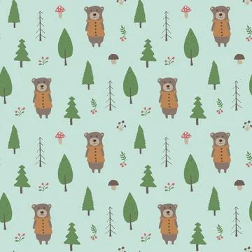Cute bear Seamless pattern. Cartoon Animals in forest background. Vector illu Stock Illustration