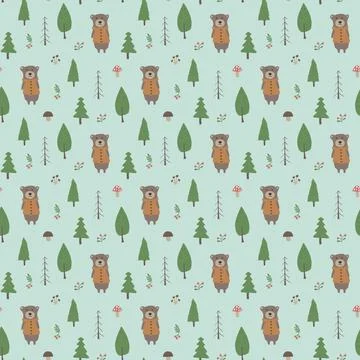 Cute bear Seamless pattern. Cartoon Animals in forest background. Vector illu Stock Illustration