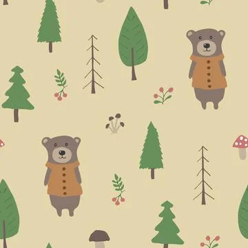 Cute bear Seamless pattern. Cartoon Animals in forest background. Vector illu Stock Illustration