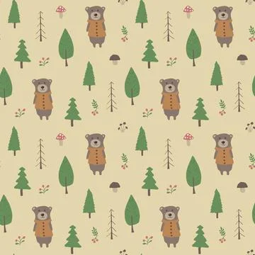 Cute bear Seamless pattern. Cartoon Animals in forest background. Vector illu Illustrazione stock