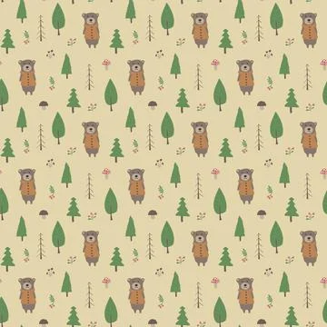Cute bear Seamless pattern. Cartoon Animals in forest background. Vector illu Stock Illustration