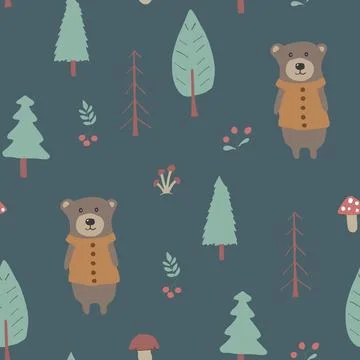 Cute bear Seamless pattern. Cartoon Animals in forest background. Vector illu Stock Illustration
