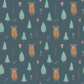 Cute bear Seamless pattern. Cartoon Animals in forest background. Vector illu Stock Illustration