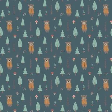 Cute bear Seamless pattern. Cartoon Animals in forest background. Vector illu Stock Illustration