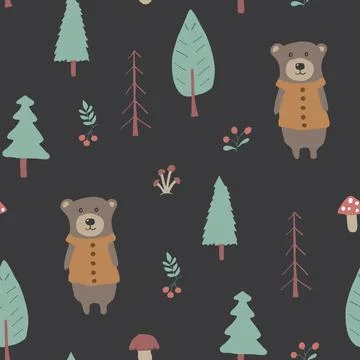 Cute bear Seamless pattern. Cartoon Animals in forest background. Vector illu Illustrazione stock