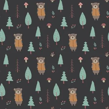 Cute bear Seamless pattern. Cartoon Animals in forest background. Vector illu Stock Illustration