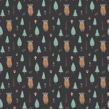 Cute bear Seamless pattern. Cartoon Animals in forest background. Vector illu 스톡 일러스트