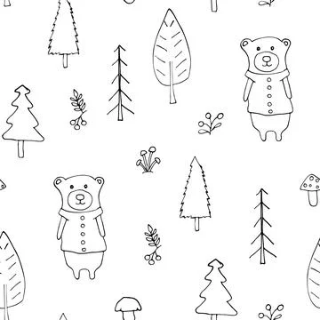 Cute bear Seamless pattern. Cartoon Animals in forest background. Vector illu Illustrazione stock