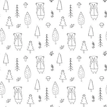Cute bear Seamless pattern. Cartoon Animals in forest background. Vector illu 스톡 일러스트