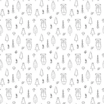 Cute bear Seamless pattern. Cartoon Animals in forest background. Vector illu Stock Illustration