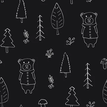 Cute bear Seamless pattern. Cartoon Animals in forest background. Vector illu Stock Illustration