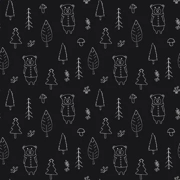 Cute bear Seamless pattern. Cartoon Animals in forest background. Vector illu Illustrazione stock