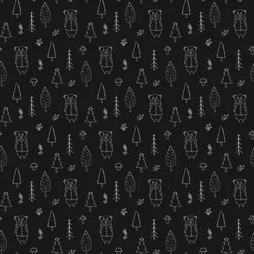 Cute bear Seamless pattern. Cartoon Animals in forest background. Vector illu Stock Illustration