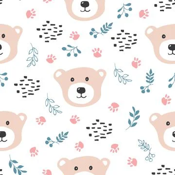Cute bear Seamless pattern. Cartoon Animals in forest background. Vector illu Stock Illustration