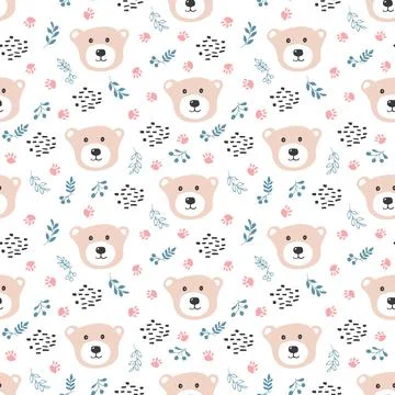 Cute bear Seamless pattern. Cartoon Animals in forest background. Vector illu Stock Illustration