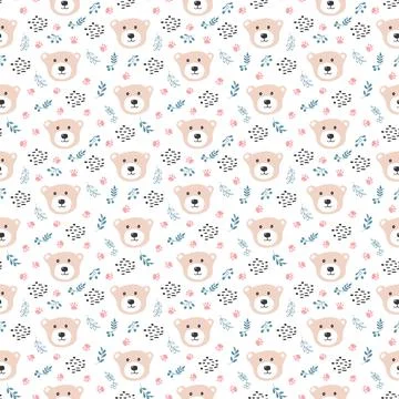 Cute bear Seamless pattern. Cartoon Animals in forest background. Vector illu Illustrazione stock