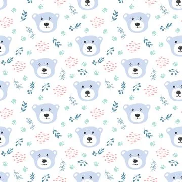 Cute bear Seamless pattern. Cartoon Animals in forest background. Vector illu 스톡 일러스트
