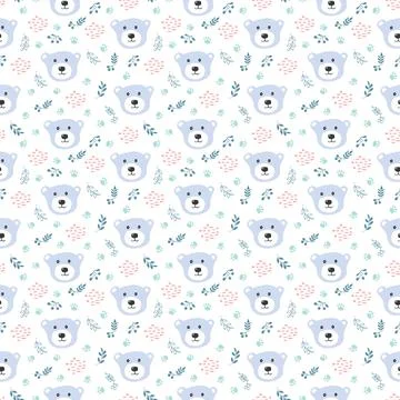 Cute bear Seamless pattern. Cartoon Animals in forest background. Vector illu Illustrazione stock