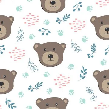 Cute bear Seamless pattern. Cartoon Animals in forest background. Vector illu Stock Illustration