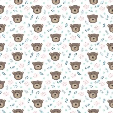 Cute bear Seamless pattern. Cartoon Animals in forest background. Vector illu Stock Illustration