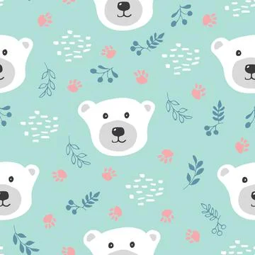 Cute bear Seamless pattern. Cartoon Animals in forest background. Vector illu Stock Illustration