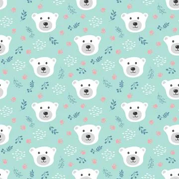Cute bear Seamless pattern. Cartoon Animals in forest background. Vector illu Stock Illustration