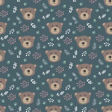 Cute bear Seamless pattern. Cartoon Animals in forest background. Vector illu Stock Illustration