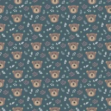 Cute bear Seamless pattern. Cartoon Animals in forest background. Vector illu Stock Illustration