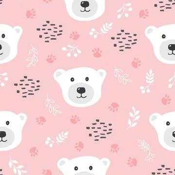 Cute bear Seamless pattern. Cartoon Animals in forest background. Vector illu Stock Illustration