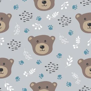 Cute bear Seamless pattern. Cartoon Animals in forest background. Vector illu Stock Illustration