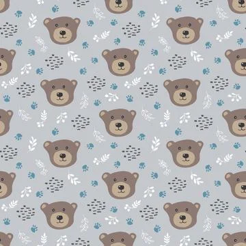 Cute bear Seamless pattern. Cartoon Animals in forest background. Vector illu Illustrazione stock