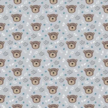 Cute bear Seamless pattern. Cartoon Animals in forest background. Vector illu Stock Illustration