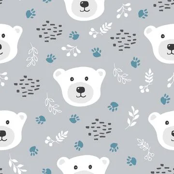 Cute bear Seamless pattern. Cartoon Animals in forest background. Vector illu Stock Illustration