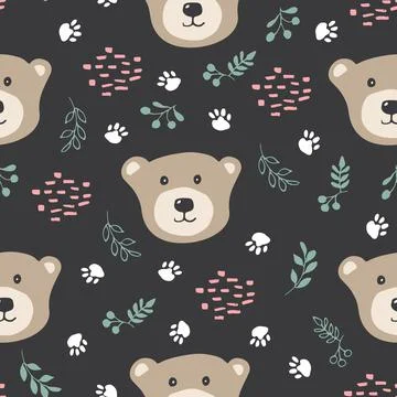 Cute bear Seamless pattern. Cartoon Animals in forest background. Vector illu 스톡 일러스트