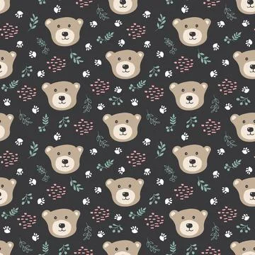 Cute bear Seamless pattern. Cartoon Animals in forest background. Vector illu Stock Illustration
