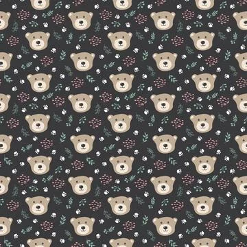 Cute bear Seamless pattern. Cartoon Animals in forest background. Vector illu Stock Illustration
