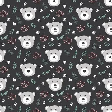 Cute bear Seamless pattern. Cartoon Animals in forest background. Vector illu Stock Illustration