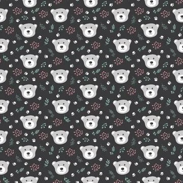 Cute bear Seamless pattern. Cartoon Animals in forest background. Vector illu Stock Illustration