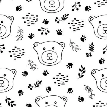 Cute bear Seamless pattern. Cartoon Animals in forest background. Vector illu Stock Illustration