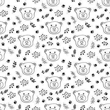 Cute bear Seamless pattern. Cartoon Animals in forest background. Vector illu Stock Illustration