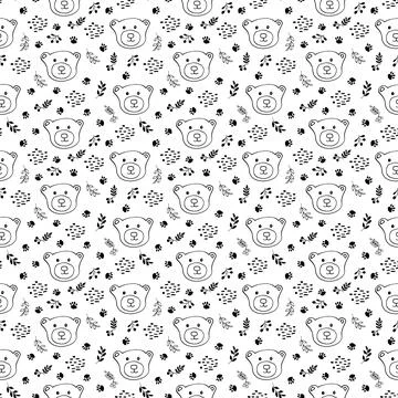 Cute bear Seamless pattern. Cartoon Animals in forest background. Vector illu Stock Illustration