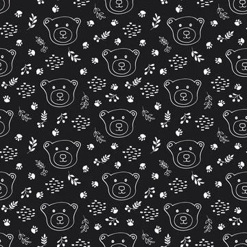 Cute bear Seamless pattern. Cartoon Animals in forest background. Vector illu Stock Illustration