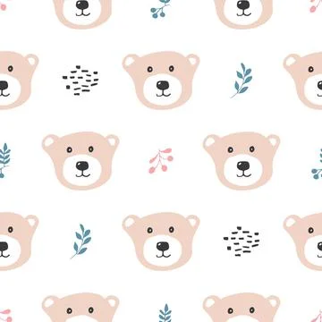 Cute bear Seamless pattern. Cartoon Animals in forest background. Vector illu Stock Illustration