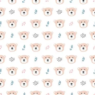 Cute bear Seamless pattern. Cartoon Animals in forest background. Vector illu Stock Illustration