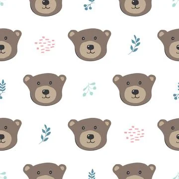 Cute bear Seamless pattern. Cartoon Animals in forest background. Vector illu Stock Illustration