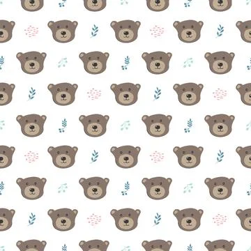 Cute bear Seamless pattern. Cartoon Animals in forest background. Vector illu Stock Illustration