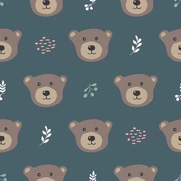 Cute bear Seamless pattern. Cartoon Animals in forest background. Vector illu Stock Illustration