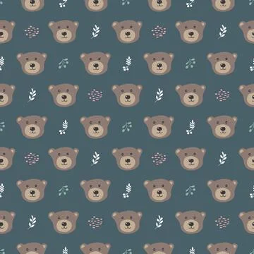 Cute bear Seamless pattern. Cartoon Animals in forest background. Vector illu Stock Illustration