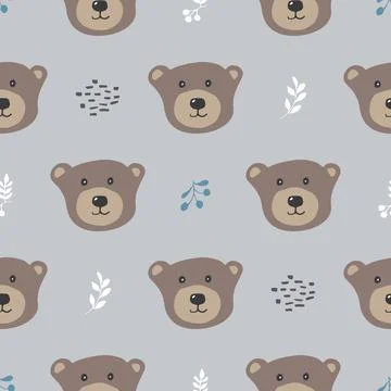 Cute bear Seamless pattern. Cartoon Animals in forest background. Vector illu Stock Illustration